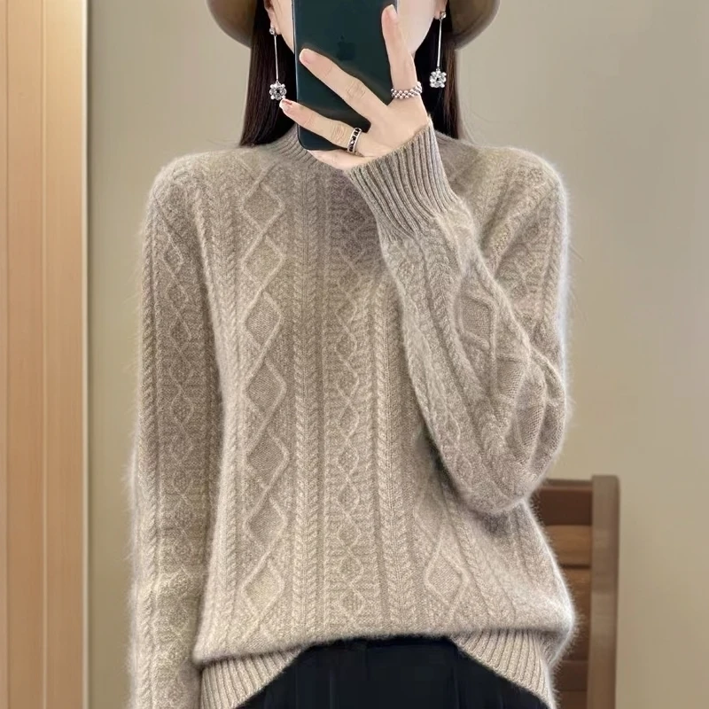 100%纯羊绒衫女士2025新款秋冬季加厚半高领宽松针织提花毛衣舒适