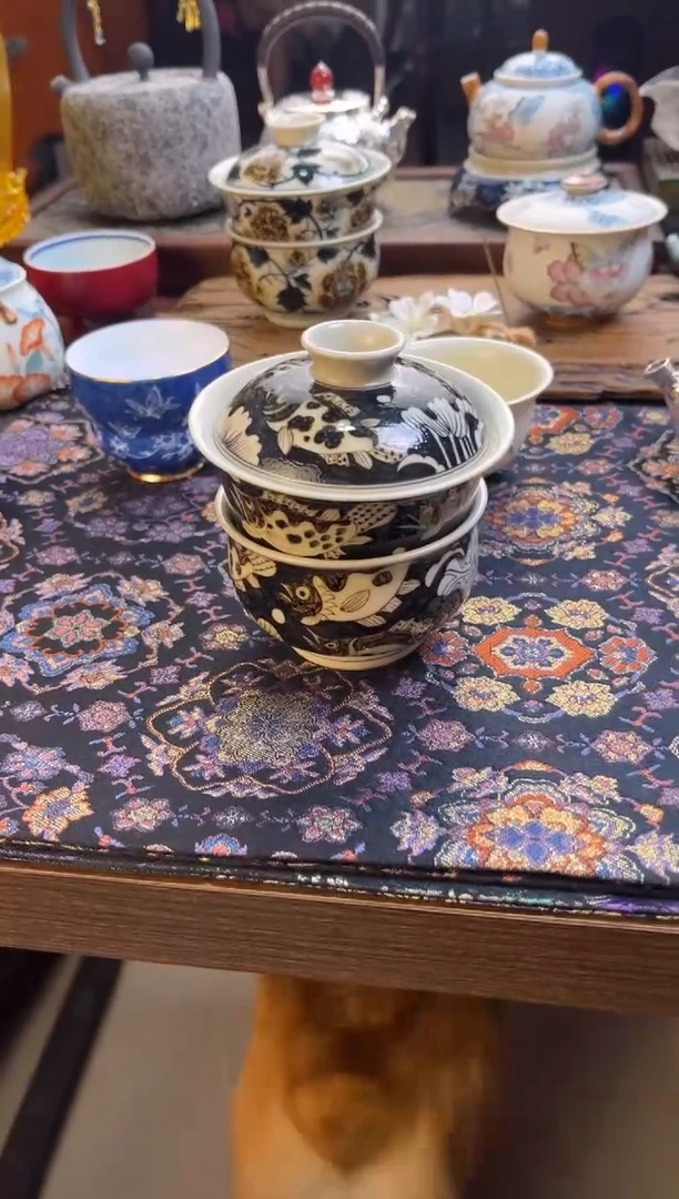 瓷片瓷片禾她观雲景德镇釉里金青花手工手绘鱼藻纹盖碗杯