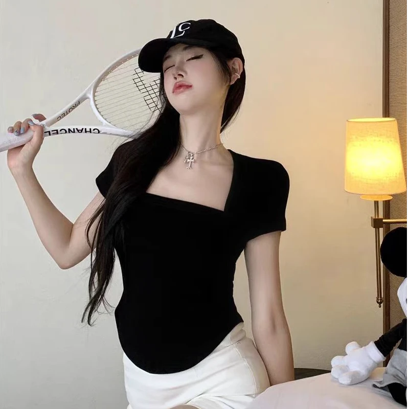 美式方领短袖上衣t恤洋气衣服女2025夏季新款辣妹纯欲甜美可爱风