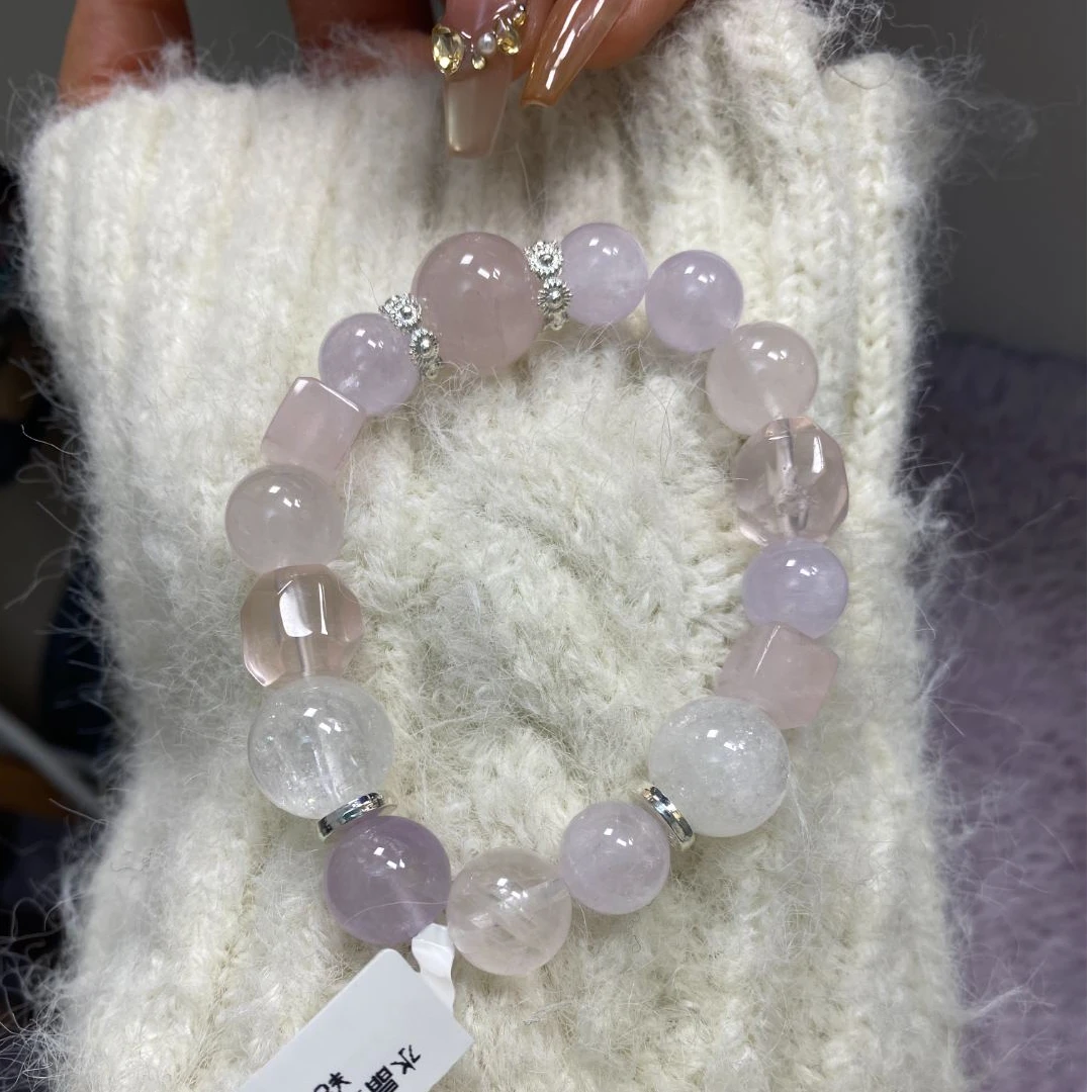 天然粉水晶紫水晶白阿赛手串 默认微瑕
