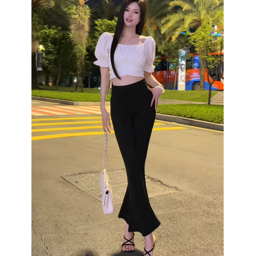 小众方领泡泡袖蝴蝶结系带收腰露脐短款衬衫修身九分裤喇叭裤
