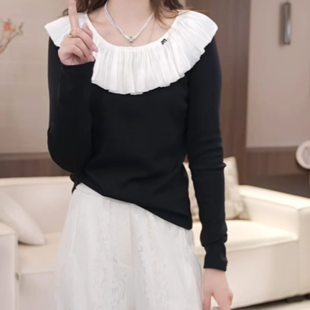 流光纱荷叶边上衣2025新款春季简约时尚气质网纱拼接长袖T恤