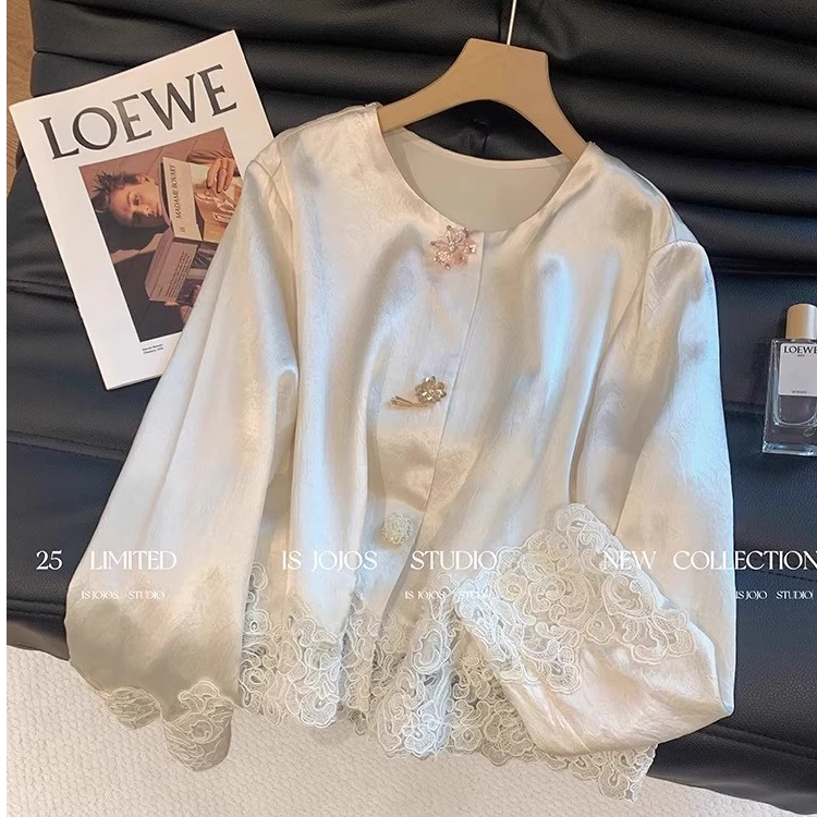 新中式国风钉珠蕾丝拼接2025独特超好看衬衫长袖上衣女设计感小众