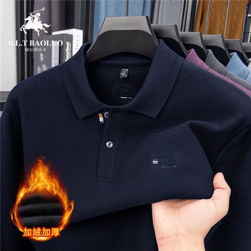 2025款保罗秋冬季加绒纯色翻领丝光棉刺绣休闲POLO衫男士长袖T恤