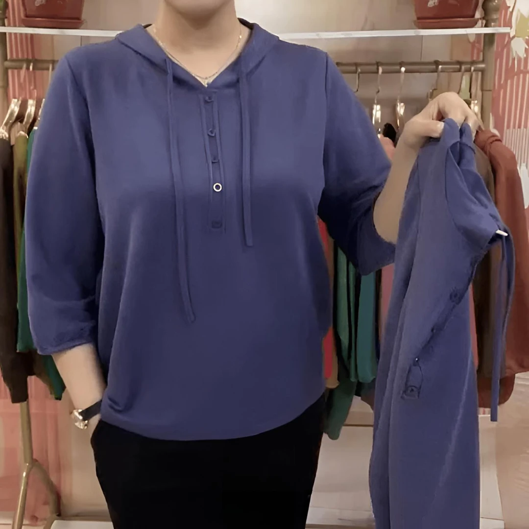 洋气妈妈装弹力上衣T恤女春夏新款连帽七分袖宽松百搭休闲