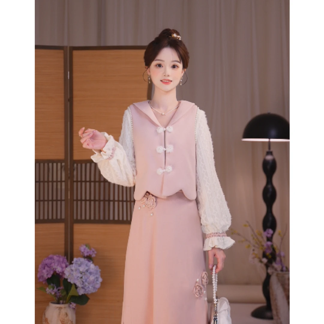 瑶西【花晨粉夕】粉马甲刺绣毛绒蕾丝加厚长裙改良汉元素汉服套装