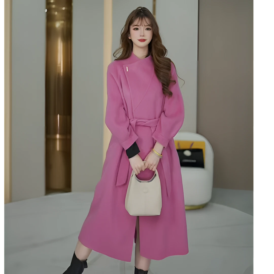 伊人国度100%绵羊毛大衣女春中长款洋气时尚高端立领系带气质外套