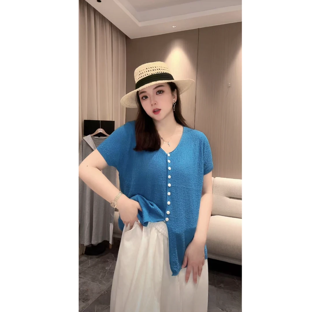 【蜜爷家】V领简约百搭单排扣短袖上衣005#