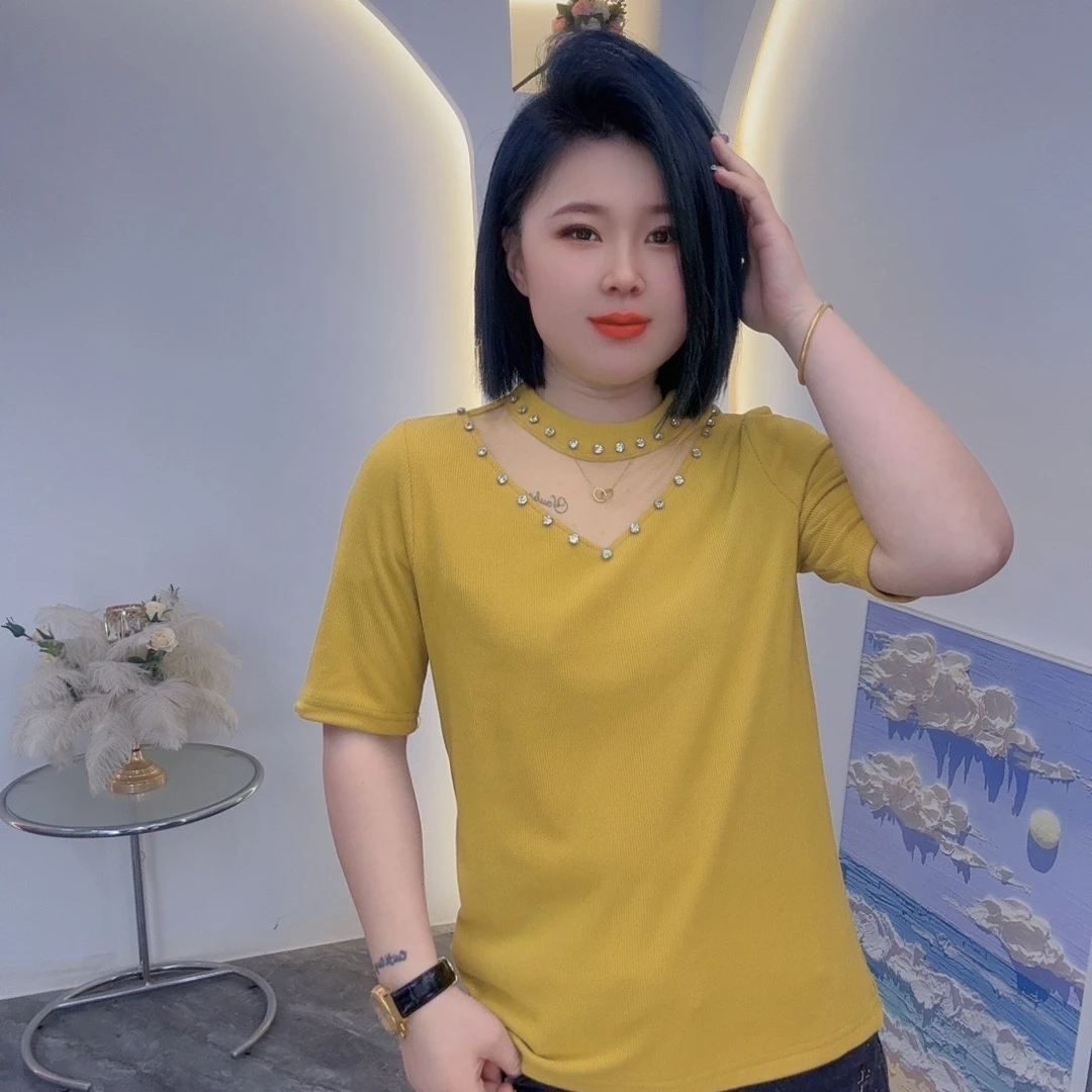 0011夏季新款2025半高领内搭打底衫百搭洋气钉珠T恤网纱短袖上衣