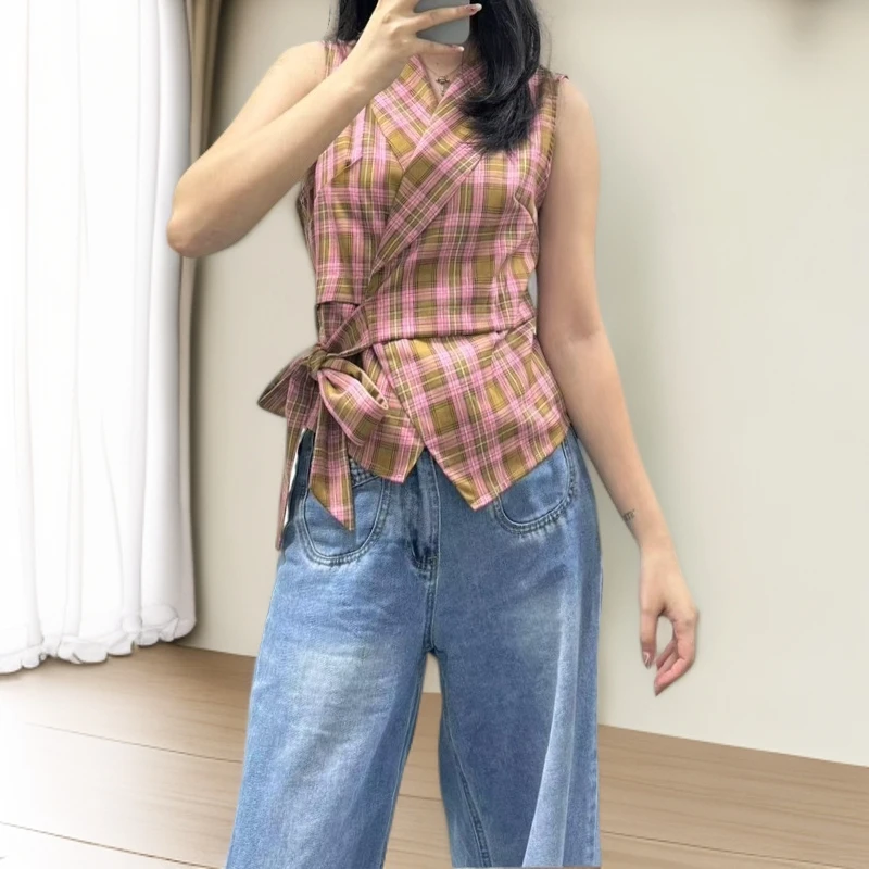 优雅气质时尚粉色格纹无袖女2025年夏季新款修身显瘦柔软大码上衣