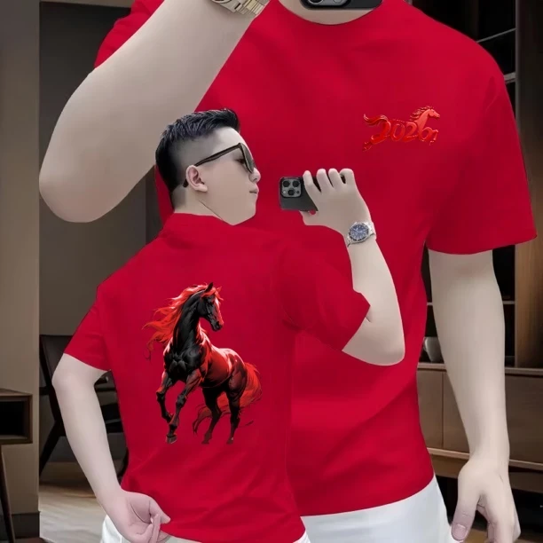 马年爆款纯棉骏马印花短袖T恤男士本命年红色高级感体恤上衣