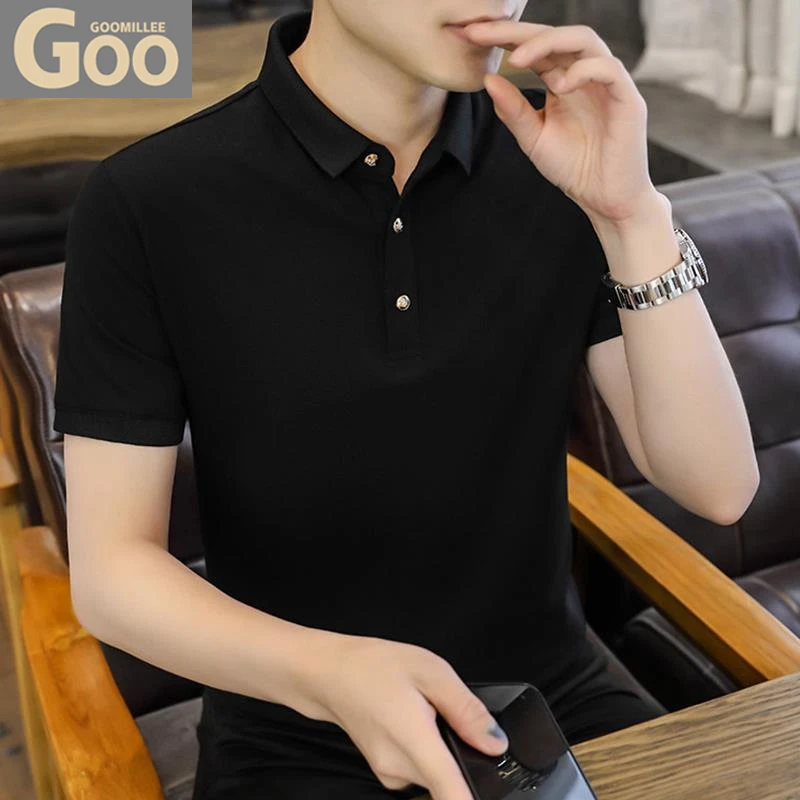 翻领短袖t恤男士夏季潮流纯黑色polo衫体恤修身有带领半袖上衣服