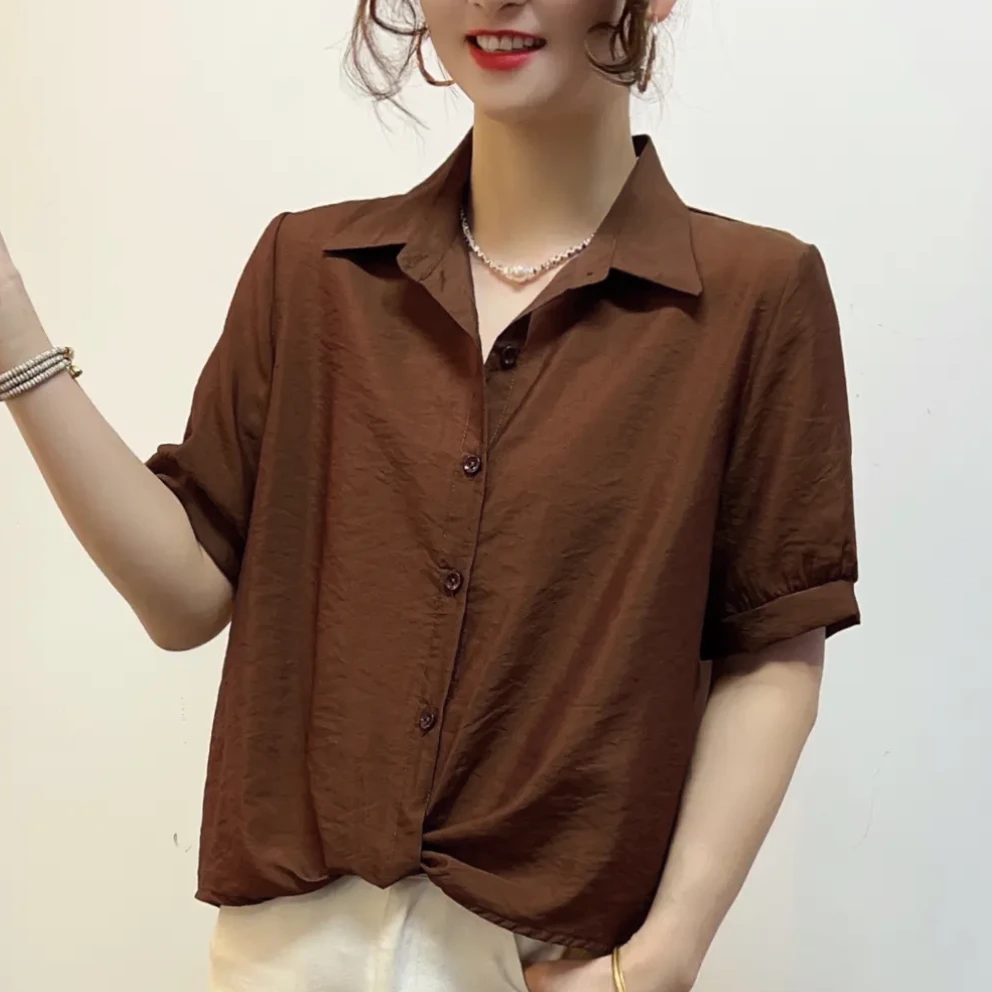 夏季2025新款时尚百搭T恤减龄纯色薄款短袖衬衫气质显瘦上衣Y0022