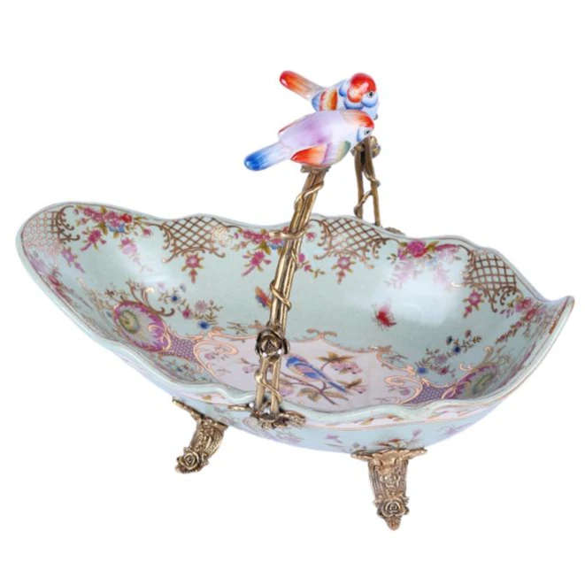 【奇居】 高温瓷配铜雀鸟手提篮果盘#2AHX2909-11.5-CC