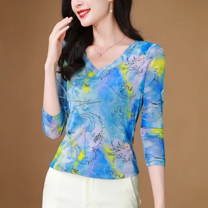 高级感t恤薄款遮肚网纱打底衫女款爆款2025新款洋气高贵上衣小衫