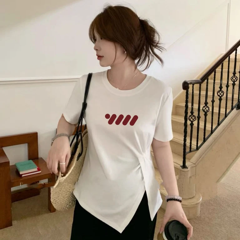 T恤女夏胖MM褶皱开叉设计感遮肉显瘦百搭上衣不规则纯色圆领短袖