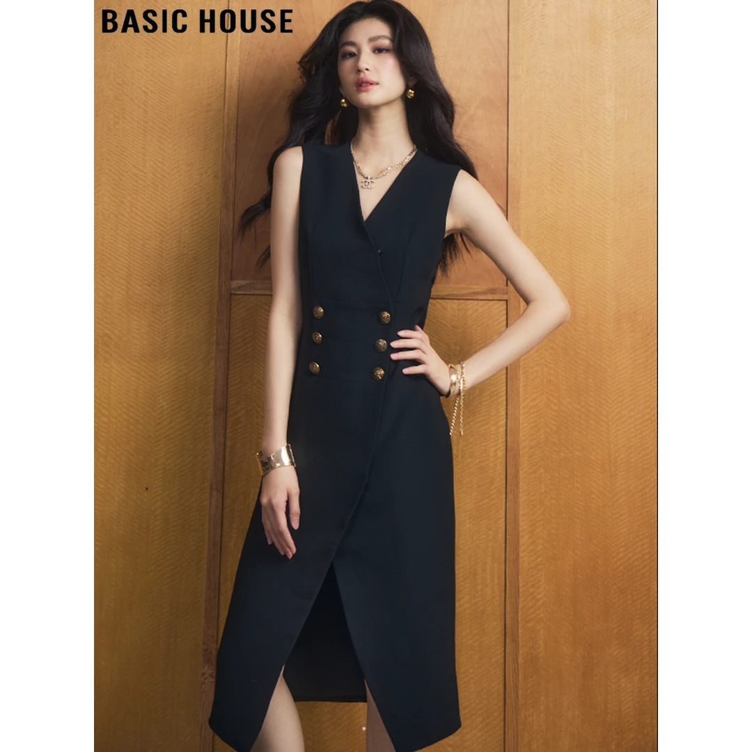 Basic House/百家好黑色背心连衣裙女2025夏季新款V领开叉西装裙