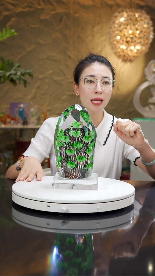 琉璃手工艺品绿色蝴蝶兰切面摆件带底座