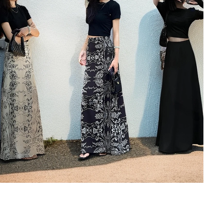 韩版气质百搭收腰显瘦A字长裙女夏季新款复古印花垂感半身裙