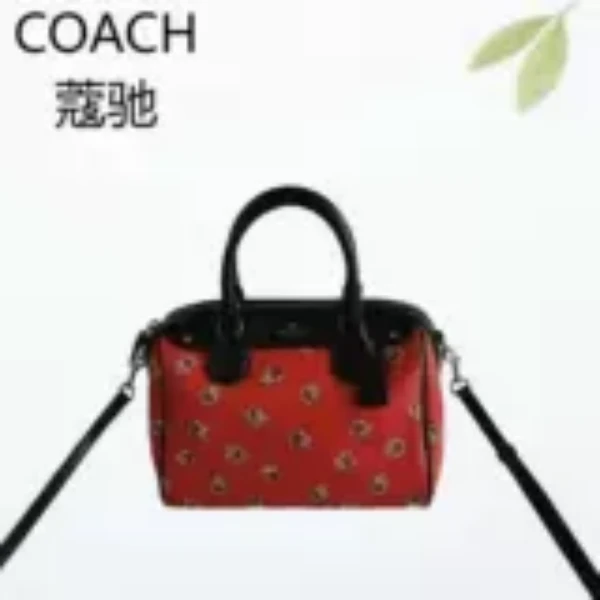 95新 COACH/蔻驰 红黑花波士顿手提斜挎包G25502071底长23X17