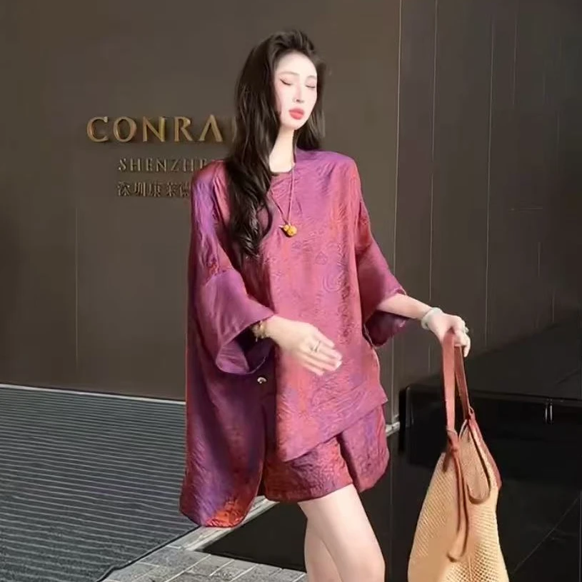 【现货套装】紫铜鎏金·国风新中式人丝浮光锦提花织金春夏松弛套装
