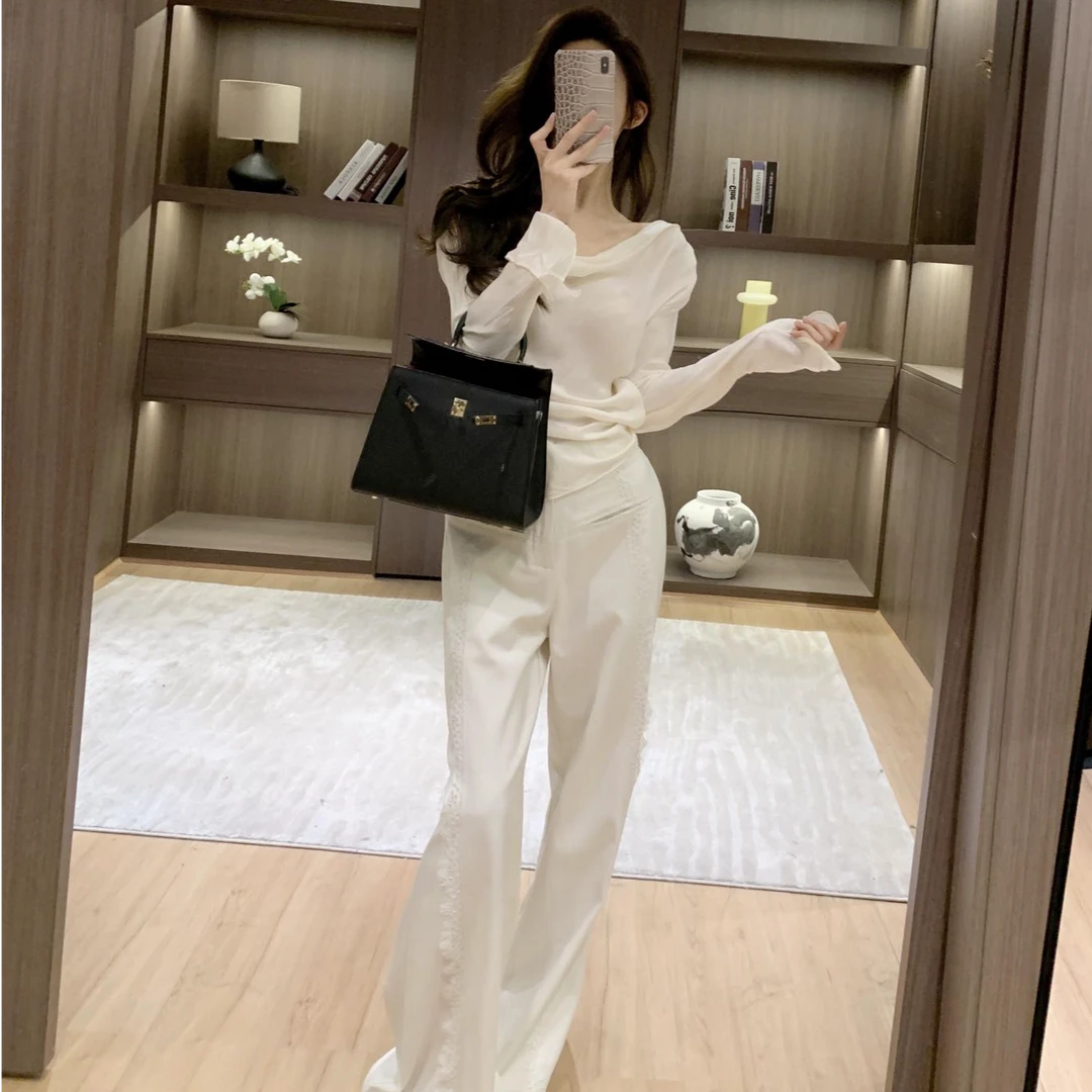 纯欲风性感辣妹露背设计感外穿长袖上衣2025秋季时尚套装宽松长裤