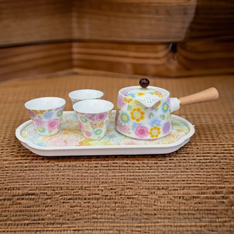 ZH3452万花堆料红钻侧把壶+万花堆料品茗杯*3+繁花掐金丝茶盘