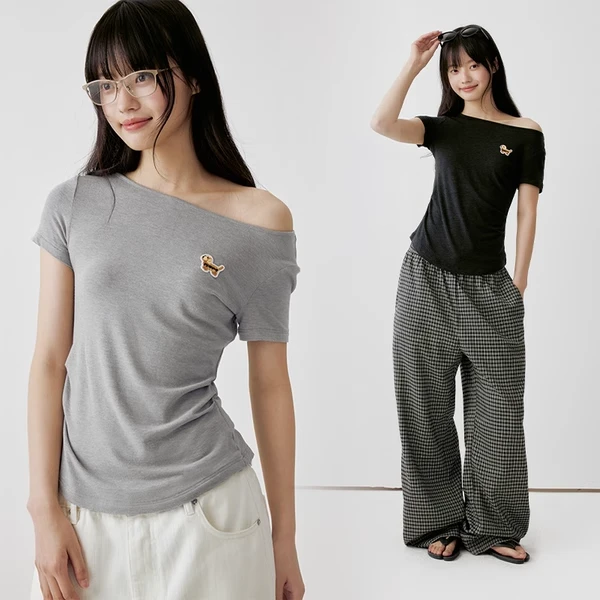 PSOBrand欧若风弹力针织刺绣小狗百搭T恤抽褶休闲女短袖T恤NTX005