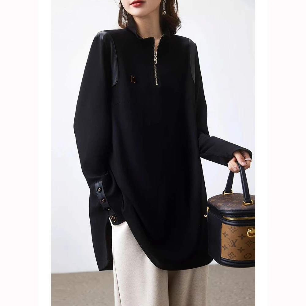 黑色立领设计感上衣女2025春秋款韩版百搭休闲T恤大码中长款女装