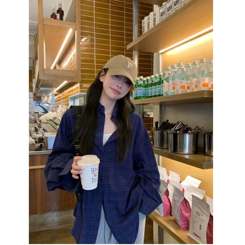 日系复古藏青格子衬衫女宽松休闲冷淡系高级感上衣开衫外套时尚