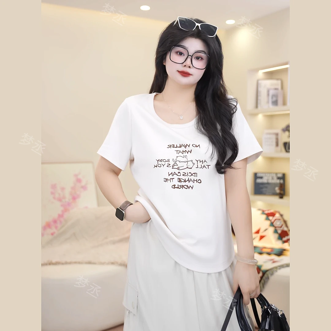 梦丞-胖妹妹大码女装领简约宽松百搭短袖T恤夏季字母印花圆上衣女