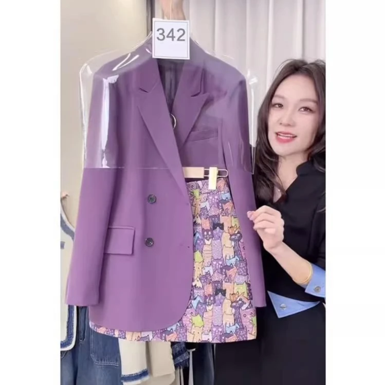 爆款紫色西装半身裙套装女秋季新款韩版宽松西服上衣短裙子两件套