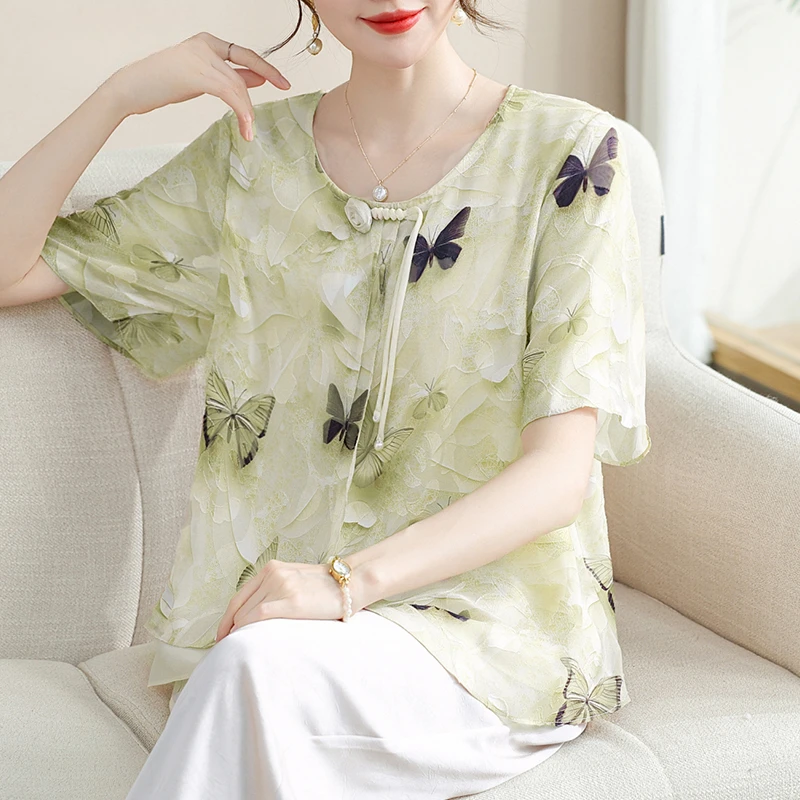 妈妈夏装端庄大气套装中老年女装夏季新中式短袖上衣服小衫两件套