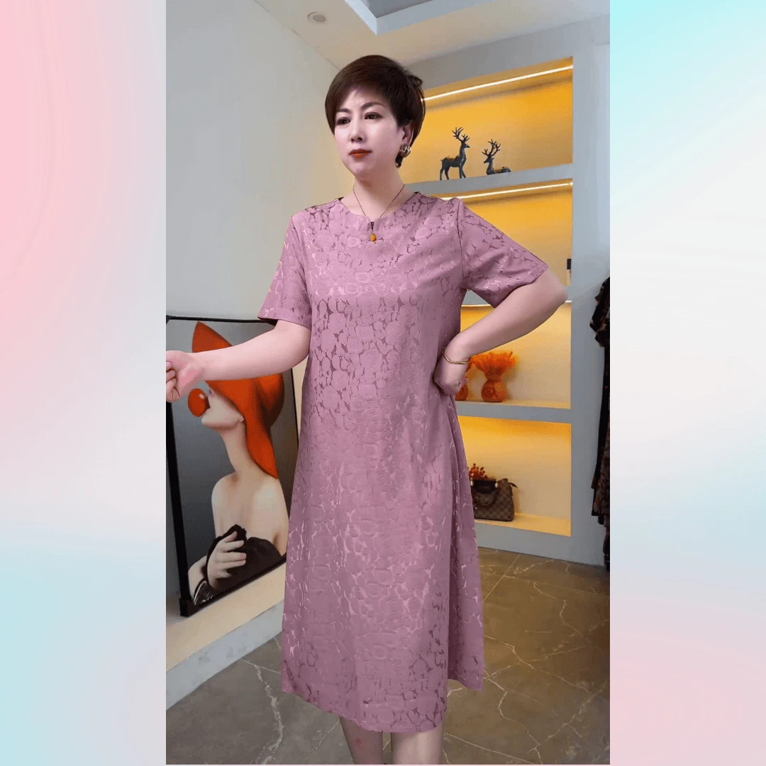 夏季新款遮肉显瘦圆领提花气质时尚妈妈装连衣裙