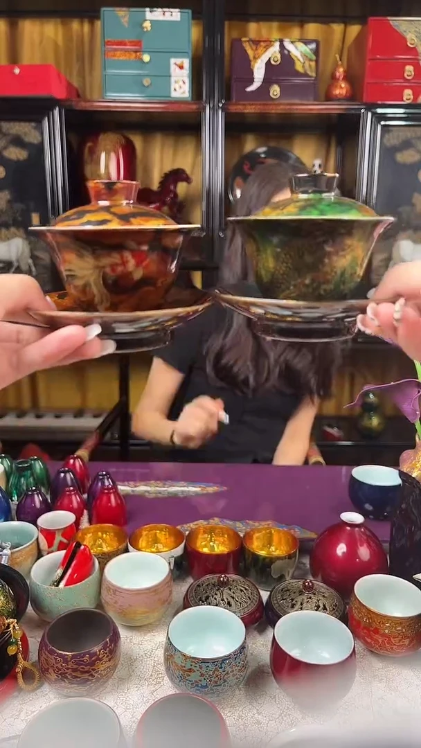 紫**冰手绘金鱼三才盖碗和绿金手绘龙三才盖碗-太古大漆