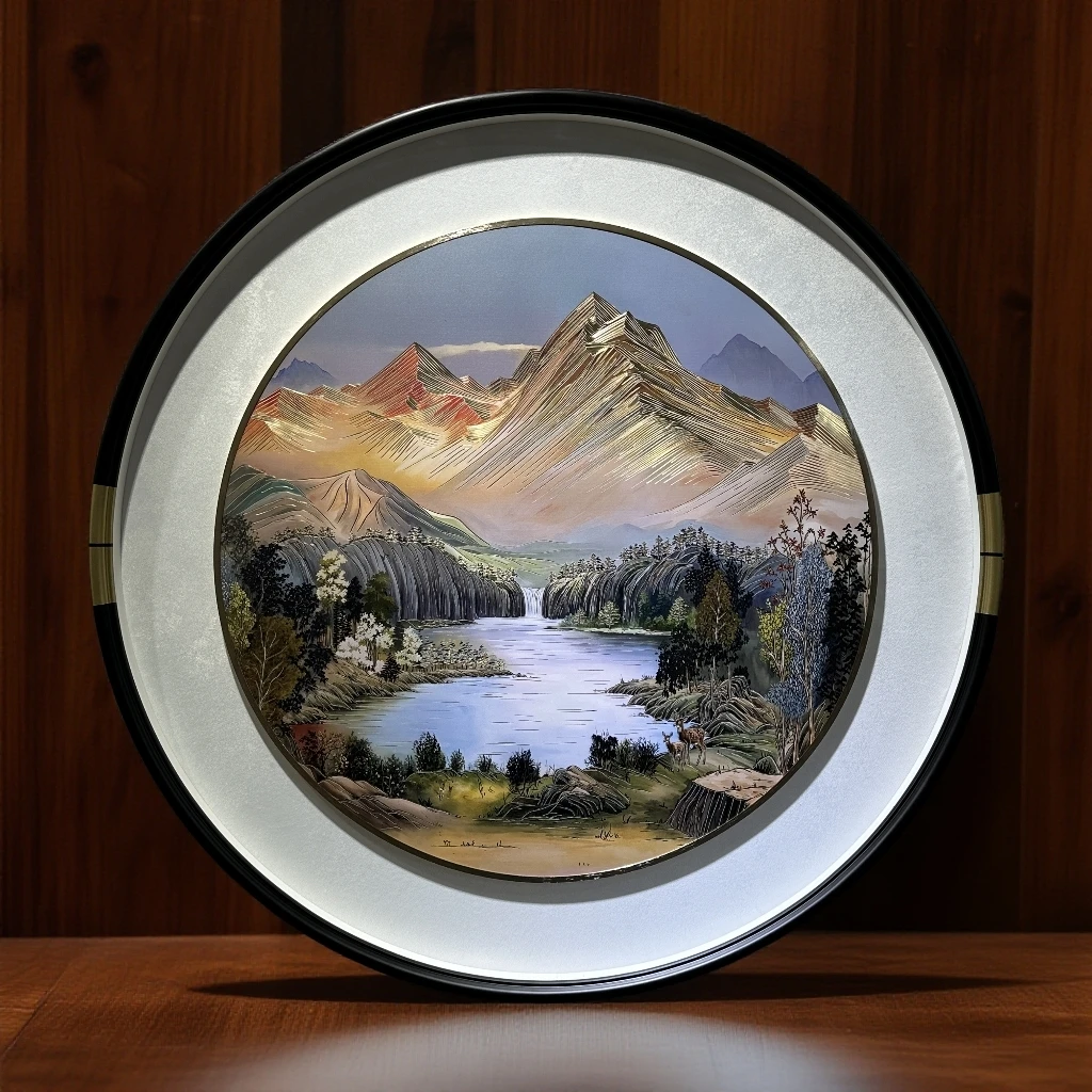 金山聚宝盆手工铜板铜雕圆形装饰画玄关走廊餐厅山水挂画