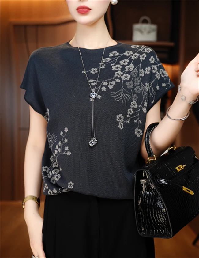 新款夏季针织短袖上衣女舒适透气上衣V24H0561