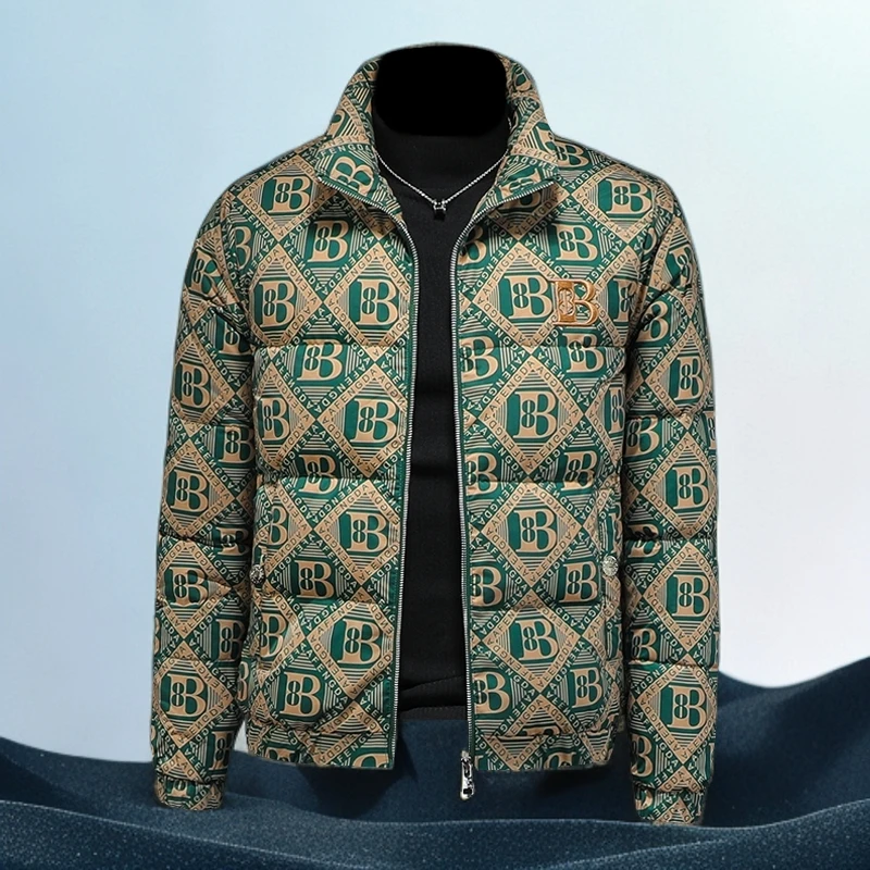 巴赛娜缇时尚立领羽绒服男士冬季新款保暖潮牌字母印花大码外套潮