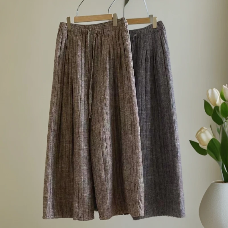 亚麻阔腿裤 加长灰色棉麻阔腿裤女 松紧腰抽绳长裤