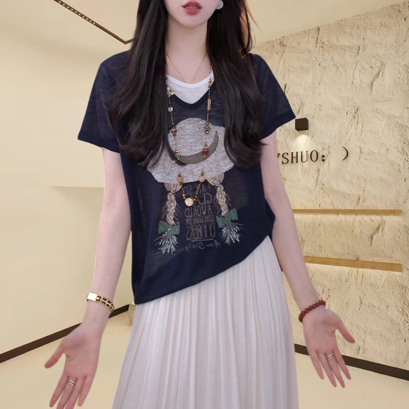 夏季薄款透气假两件短袖T恤女洋气小衫2025新款高级时尚减龄上衣