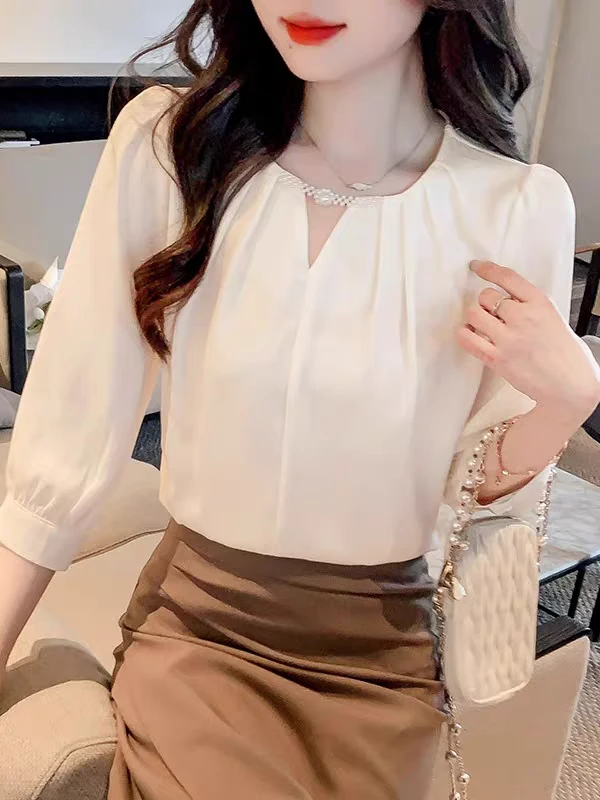 法式七分袖遮肚子雪纺衫女春夏盘扣衬衣洋气小衫网红洋气炸街女装
