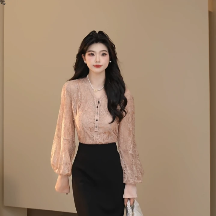 AMASS/阿玛施碎花气质长袖时尚V领富家千金蕾丝村衣两件套5300791