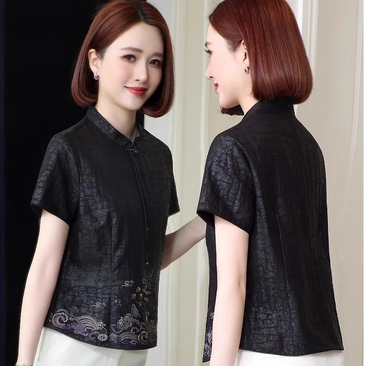 复古绣花黑龟纹香云纱立领上衣2025夏季新款新中式真丝衬衫女上衣