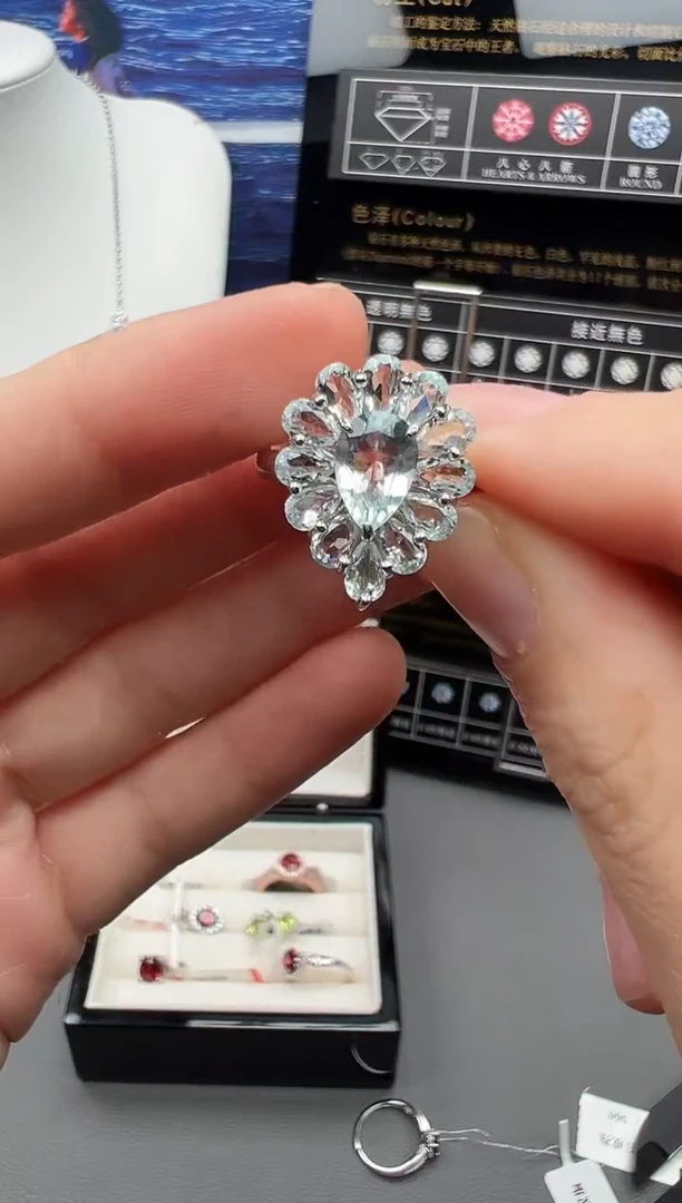 银S925镶嵌戒圈海蓝宝石58