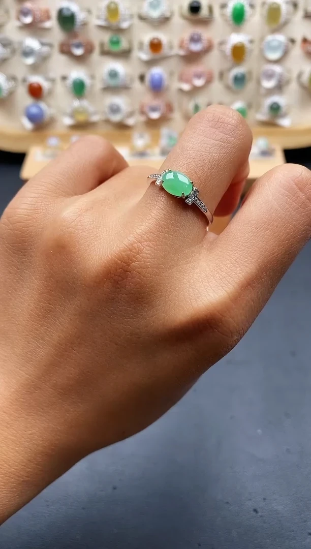 银S925镶嵌戒指翡翠缅甸天然A货翡翠2 3-10