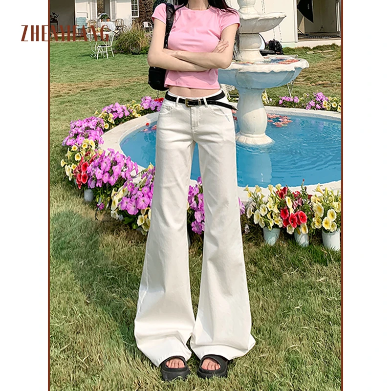 【小爱专属】春夏新款辣妹白色低腰微喇牛仔裤修身弹力直筒喇叭裤
