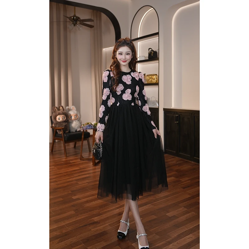 【晚晚定制】设计师新款连衣裙碎花拼接黑色蕾丝显瘦优雅气质65472