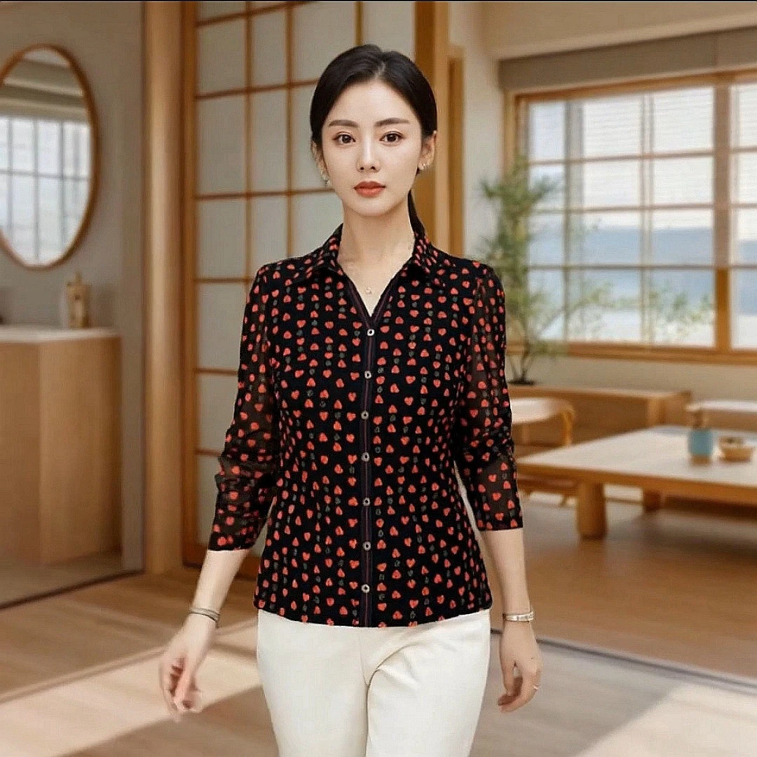 锦依罗台湾网纱中老年女装小衫春秋季修身弹力上衣T恤
