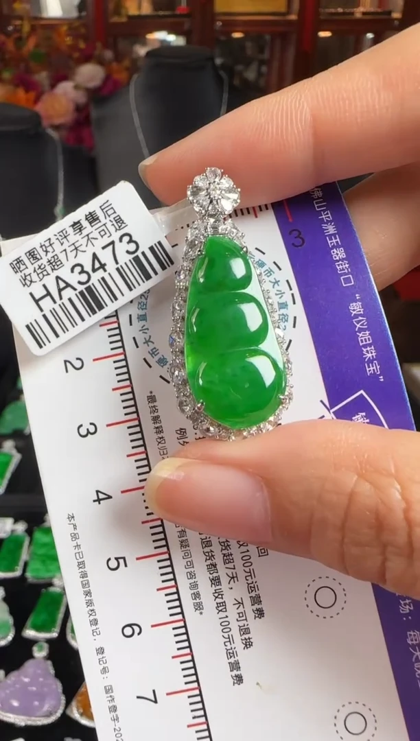 颈饰18K金镶嵌翡翠沙*HA3473冰辣绿富贵豆