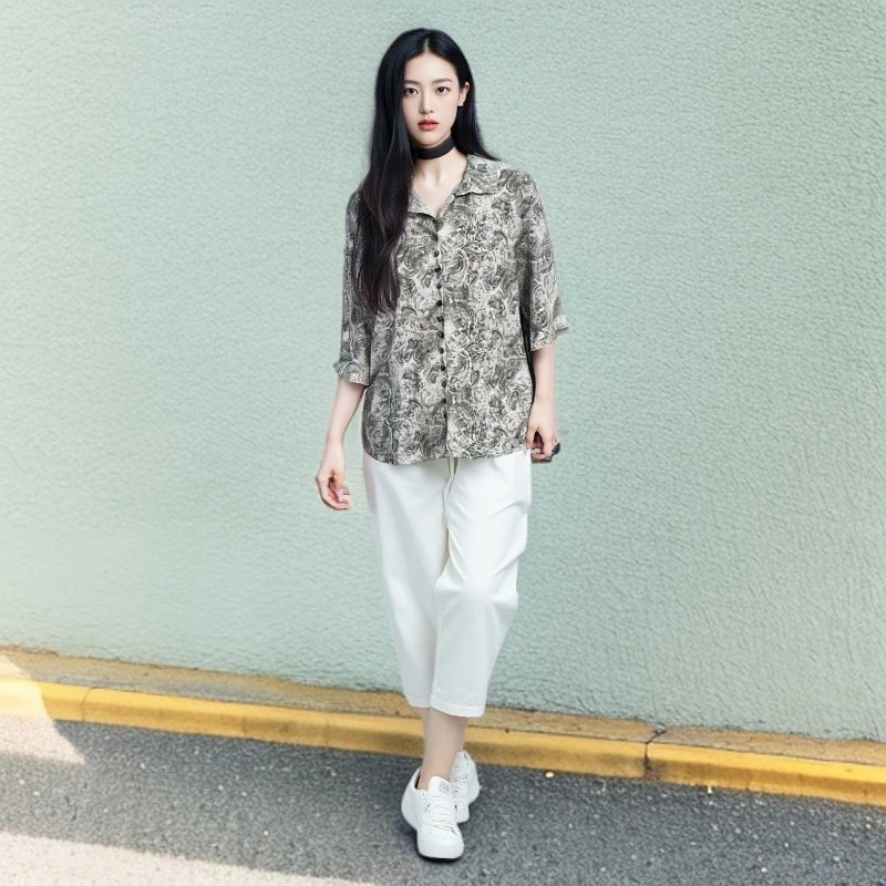 YS060-2【海藻绿】时尚七分袖印花衬衫女夏季新款气质百搭显瘦上衣